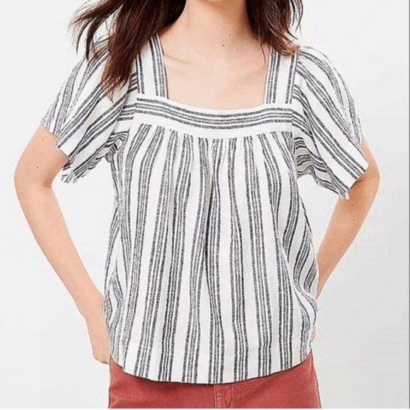 LOFT Tops - Loft Navy Striped Linen Blend Square Neck Flutter Short Sleeves Size Large
